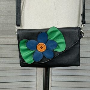 SAX Crossbody Purse Boho Floral Design Vegan Leather Black/Multi-OS